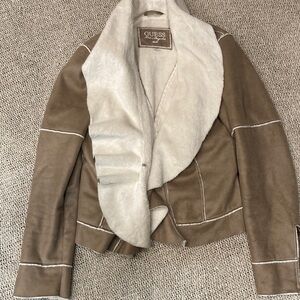 GUESS Women's Brown Teddy Jacket with Cream Details